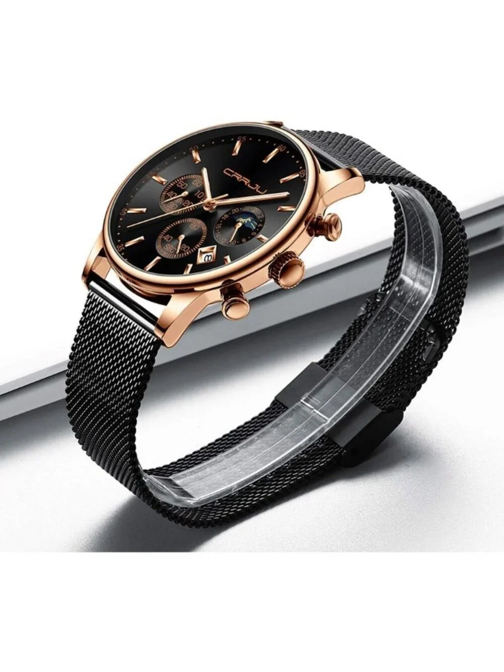 Men's Black And Rose Gold Chronograph Waterproof Steel Quartz Mesh Strap Watch